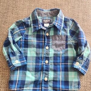 OshKosh Plaid Button-Up Shirt Long Sleeve Casual Top Blue Plaid 12 Months